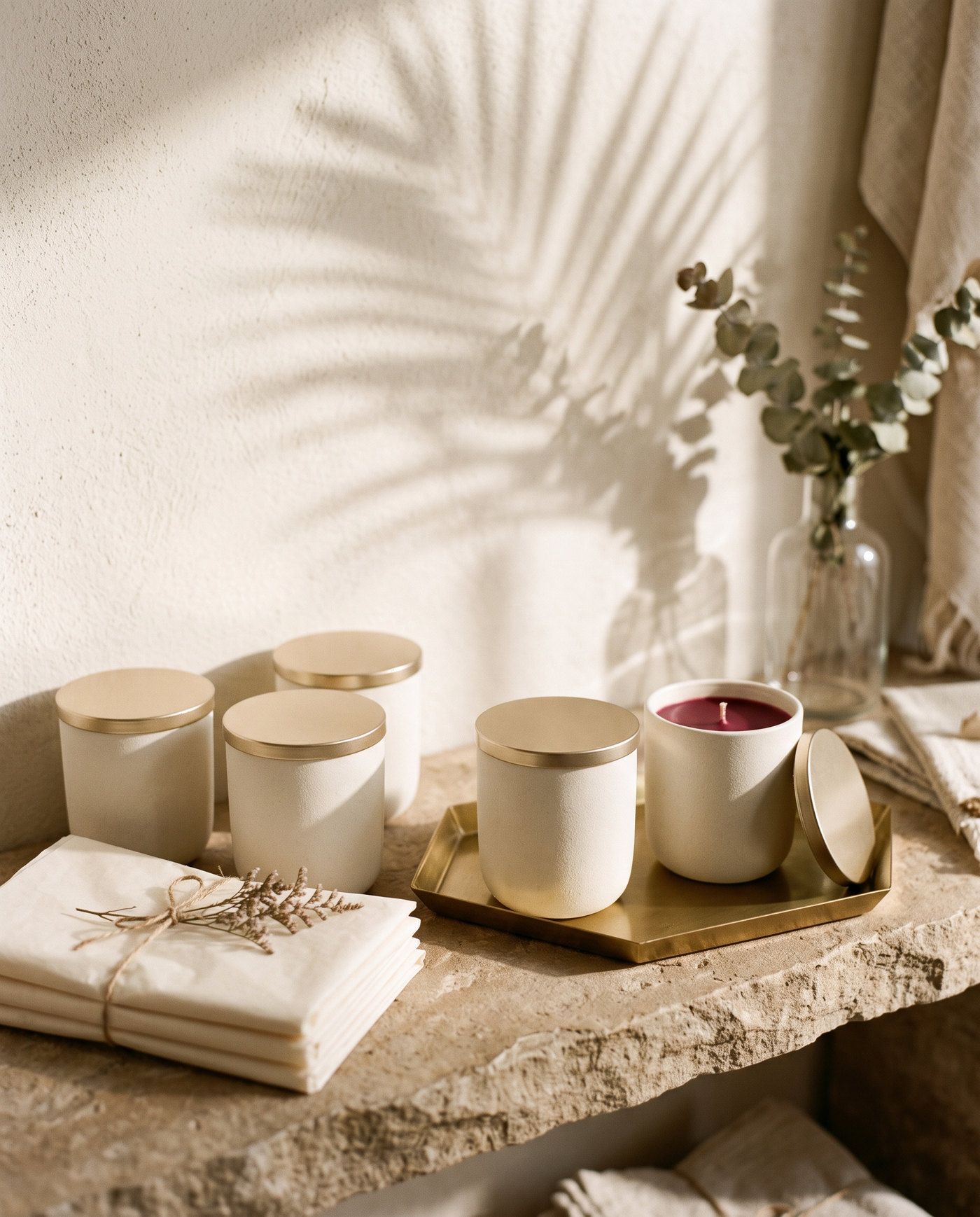 Burgundy candles in ivory ceramic vessels with champagne lids on a sunlit shelf beside folded ivory tissue.