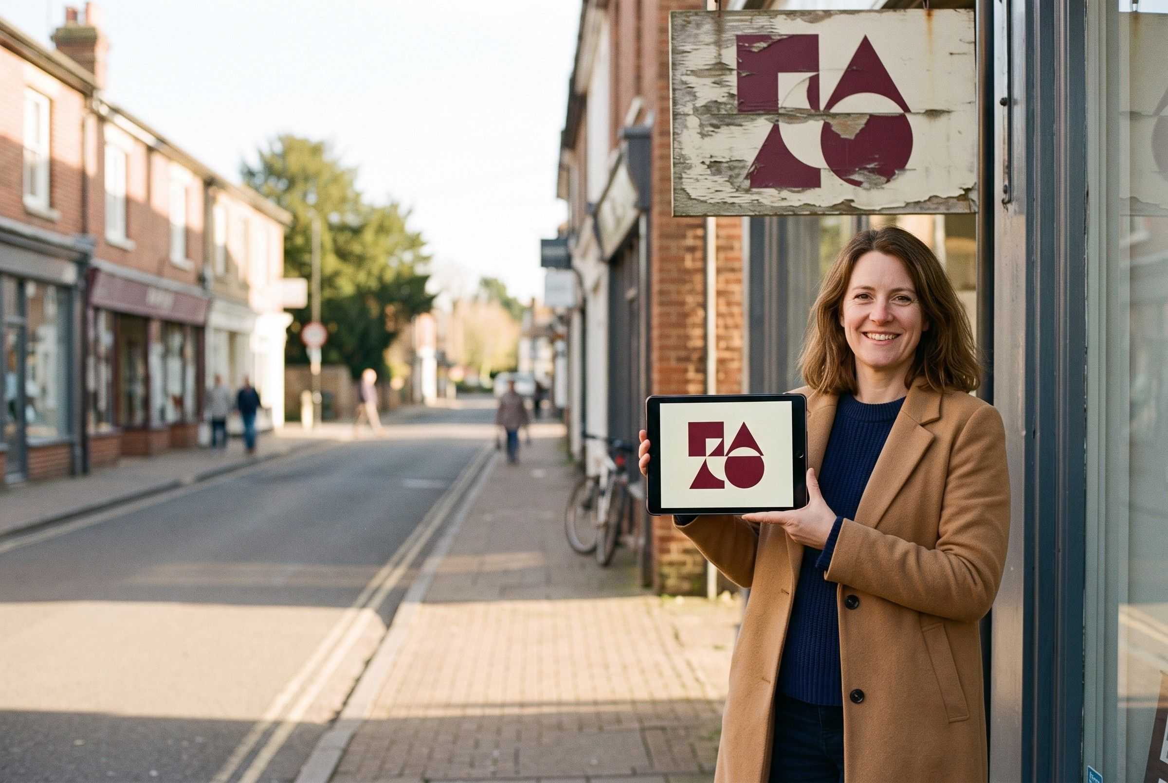 A shop owner on a sunny street holding up her new logo on a tablet, her faded old shop sign above the door behind her.