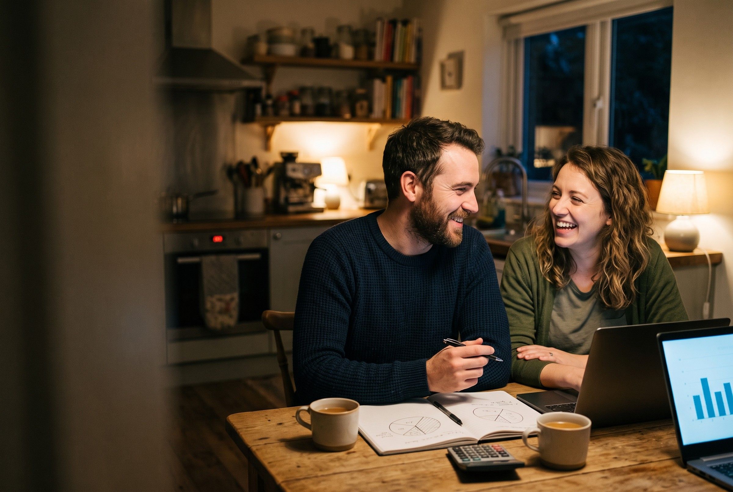 Two business owners at a kitchen table in the evening, smiling as they plan a marketing budget with a laptop, a notebook and a calculator.