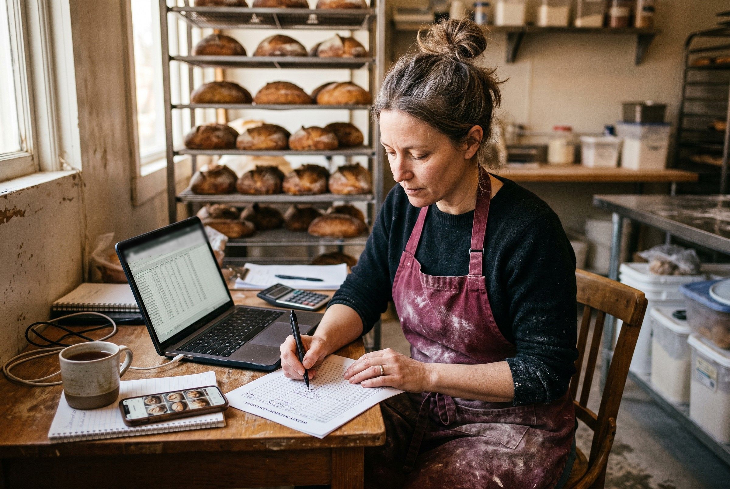 A bakery owner in a flour-dusted burgundy apron at a desk in the back of her shop, comparing costs on a laptop beside her phone and a calculator.