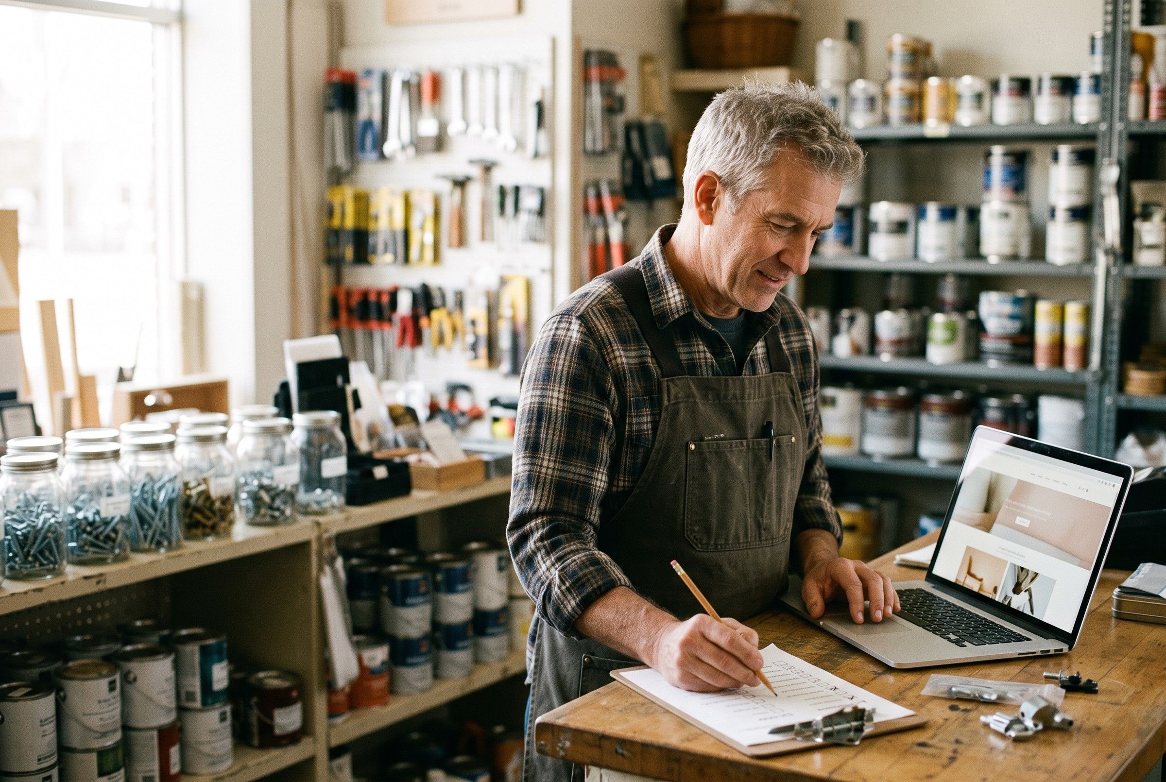 A hardware store owner at his counter checking his new website on a laptop and ticking off a printed checklist.