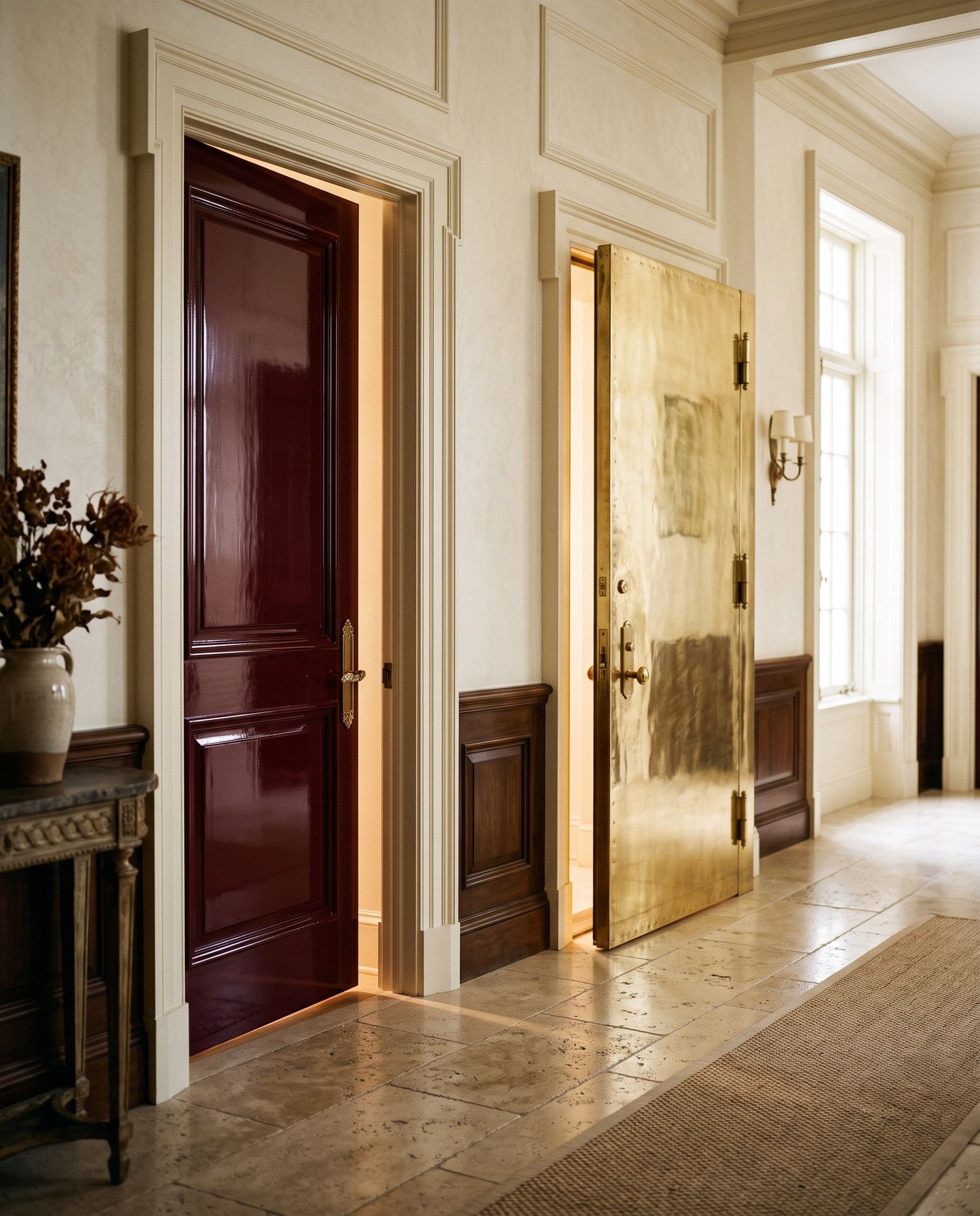 Two doors side by side in a sunlit hallway, one burgundy and one polished brass, both slightly open.