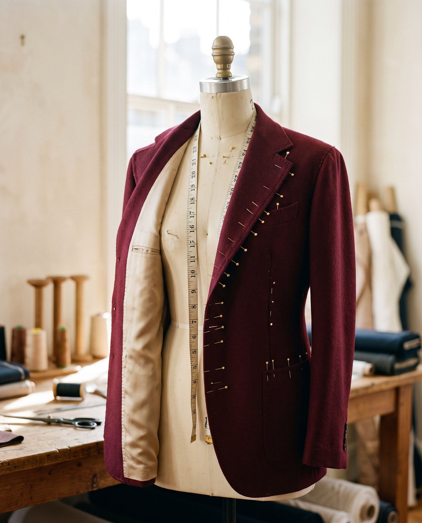 A burgundy wool jacket with a champagne silk lining on a dress form in a sunlit tailoring atelier.