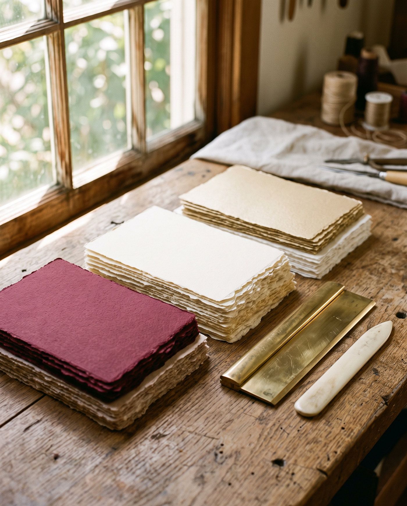 Stacks of premium ivory and burgundy paper with deckled edges beside a brass paper cutter on a wooden workbench.