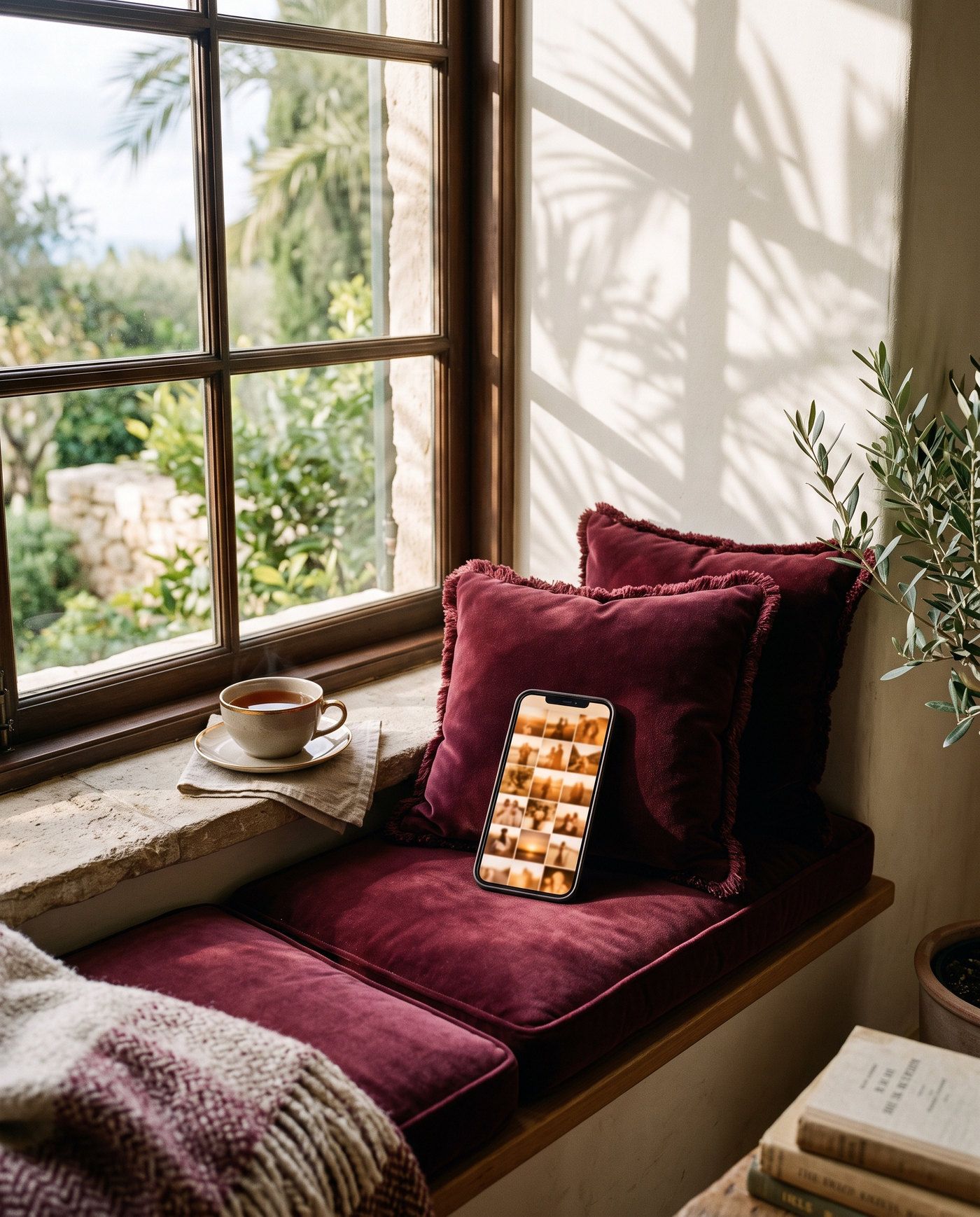A phone resting on burgundy velvet cushions in a sunlit window seat, its screen showing a grid of photos, a cup of tea on the sill.