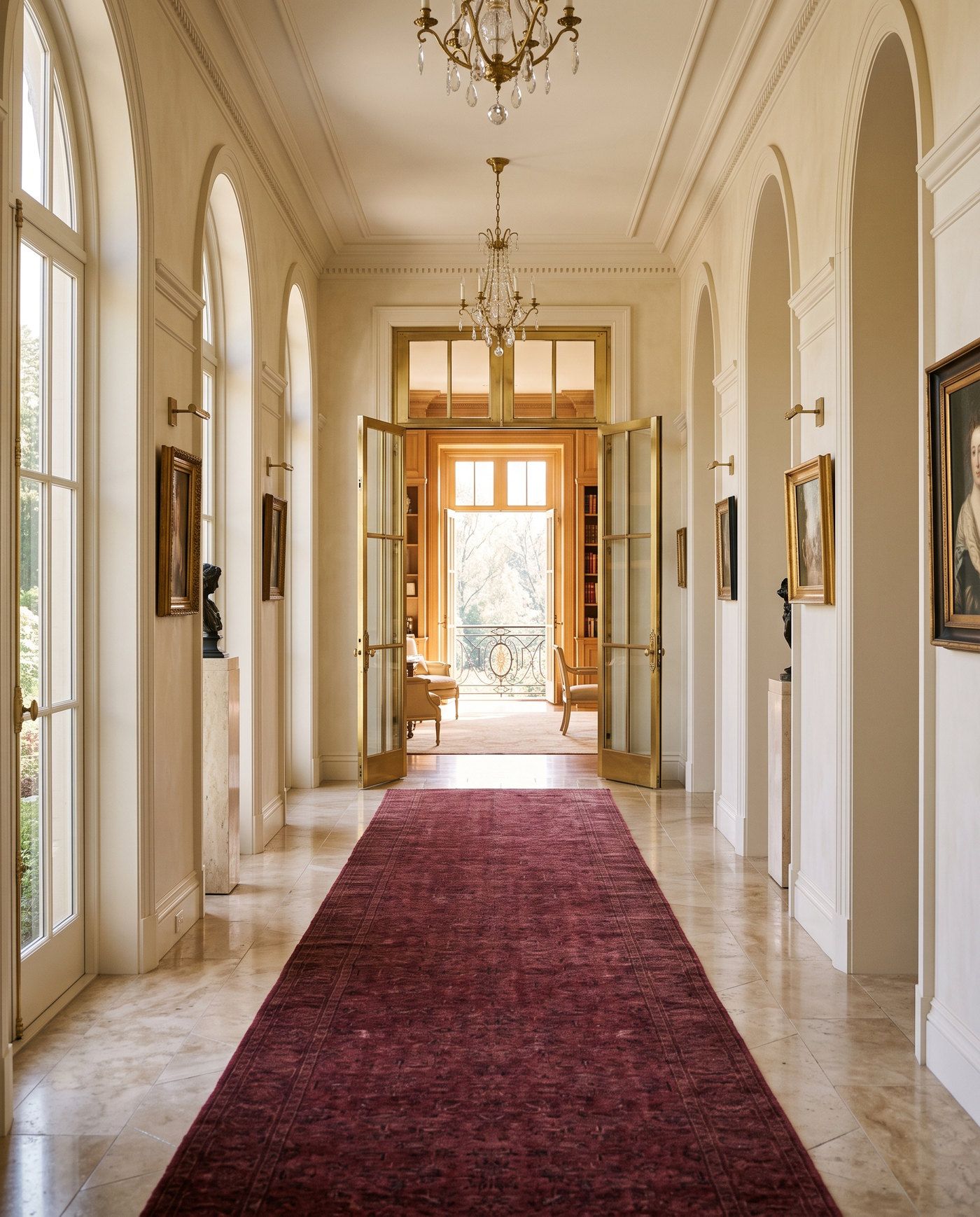A long sunlit hallway with ivory walls and a burgundy runner leading to an open brass-framed door.