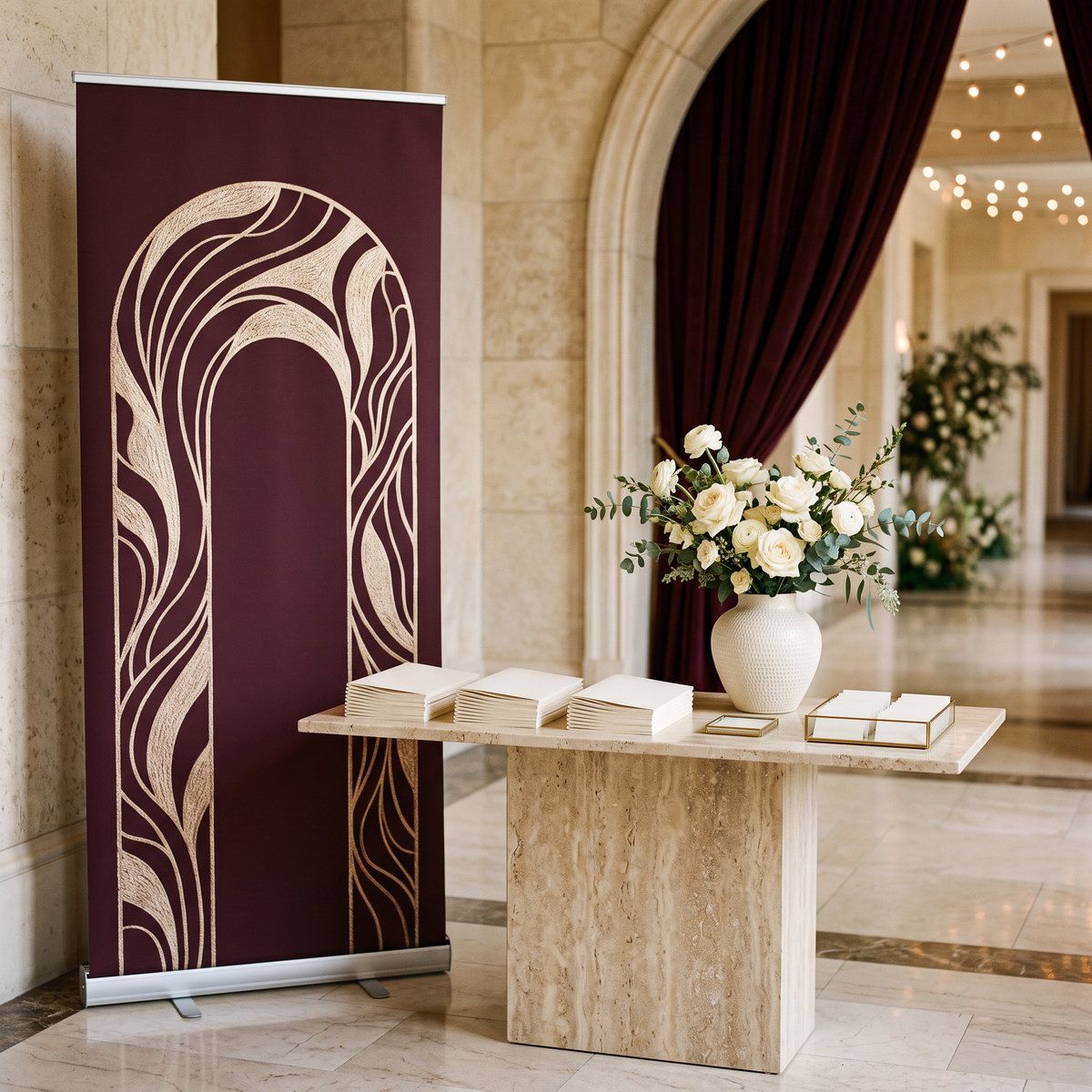 A burgundy banner stand with a champagne arch design beside a travertine welcome table with brochures and ivory flowers.