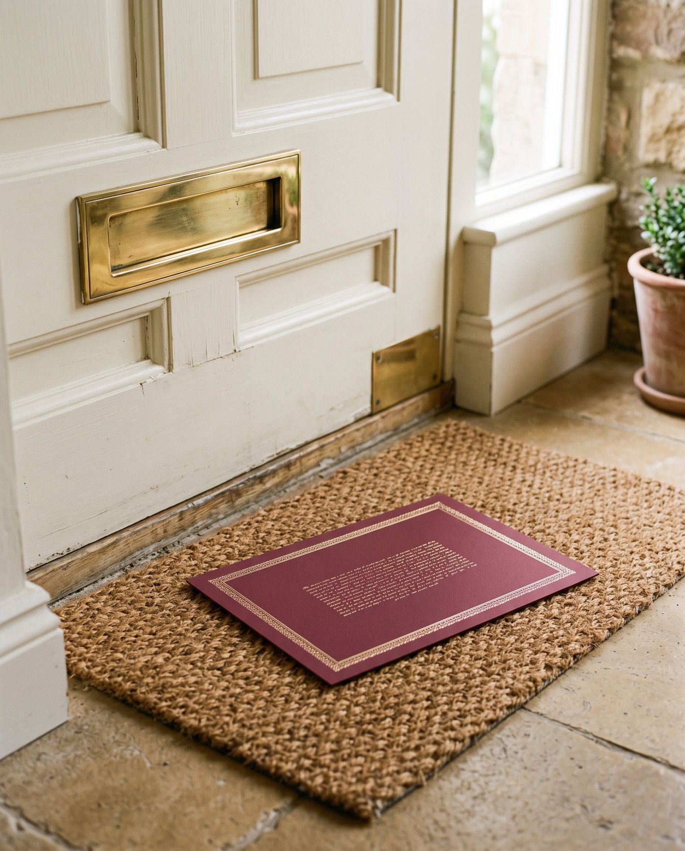 A burgundy postcard with a gold border lying on a doormat below a brass mail slot in a sunlit entryway.