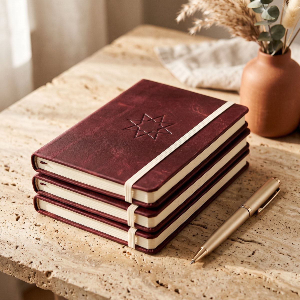 A stack of burgundy notebooks with a debossed star and ivory bands beside a gold pen.