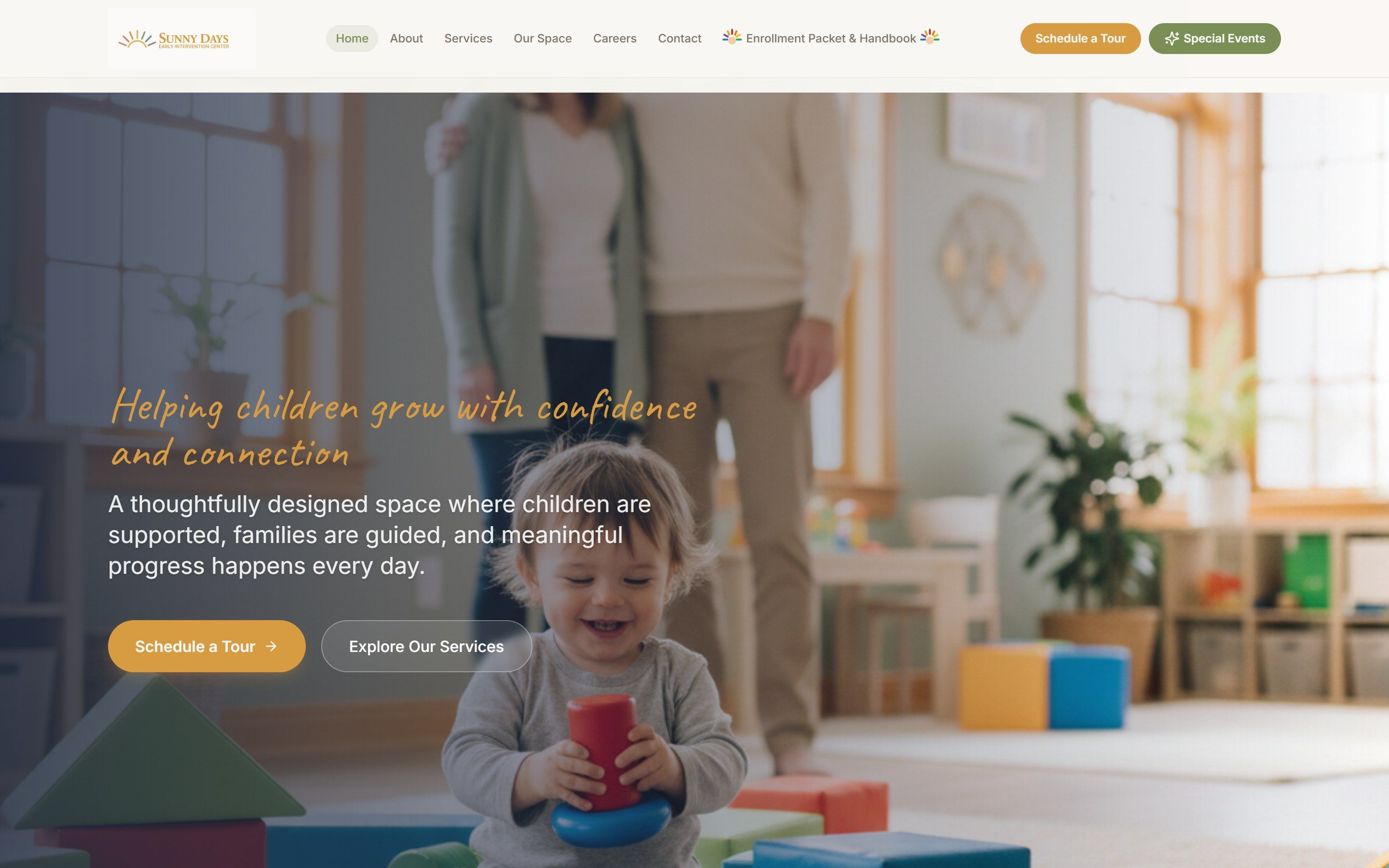 The Sunny Days home page on desktop: a toddler stacking rings in a bright playroom, with the headline Helping children grow with confidence and connection.