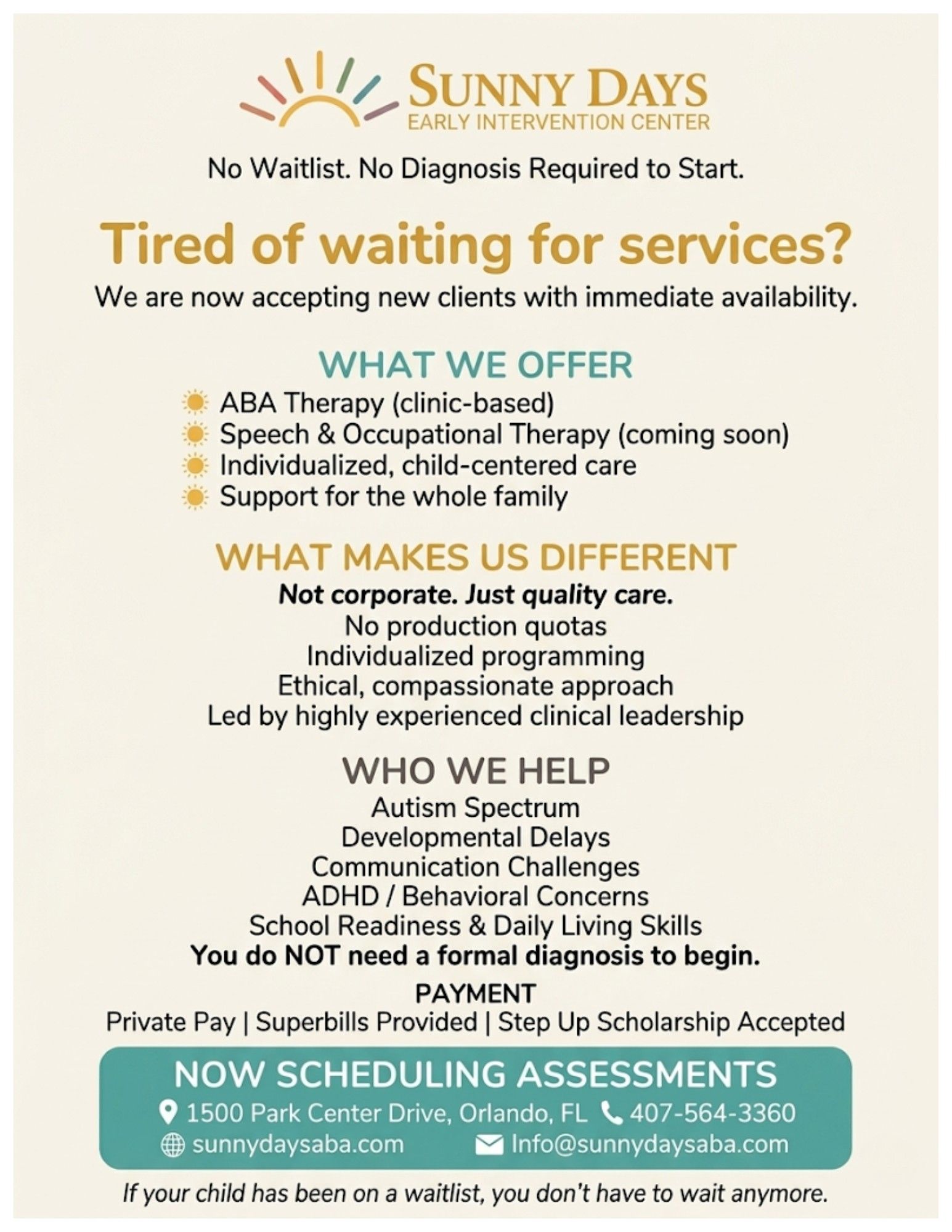 A Sunny Days flyer: Tired of waiting for services? Now accepting new clients, with the therapies offered and who they help.