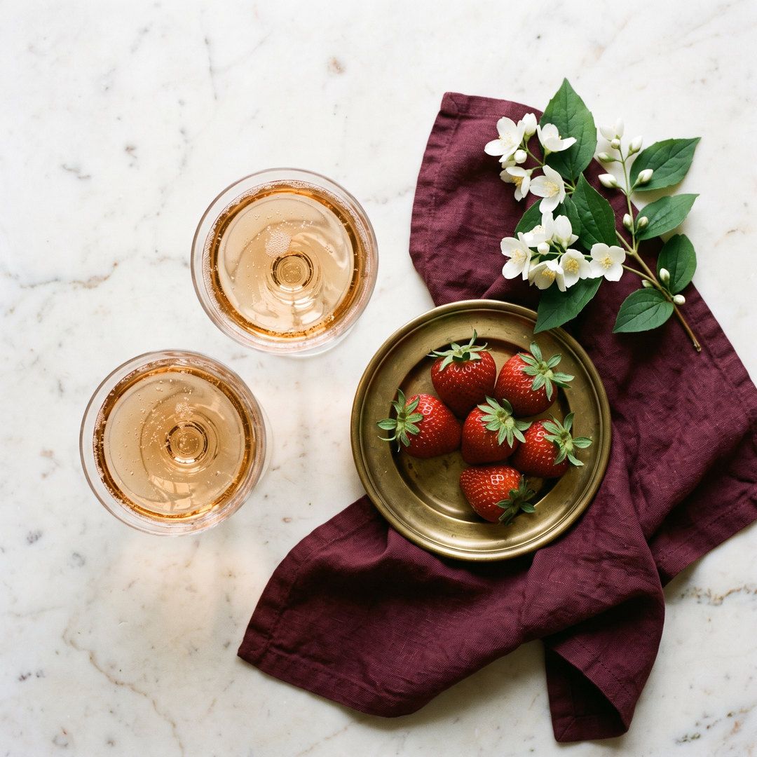 A styled flat lay post: two champagne coupes, strawberries on a brass plate and a burgundy napkin on marble.