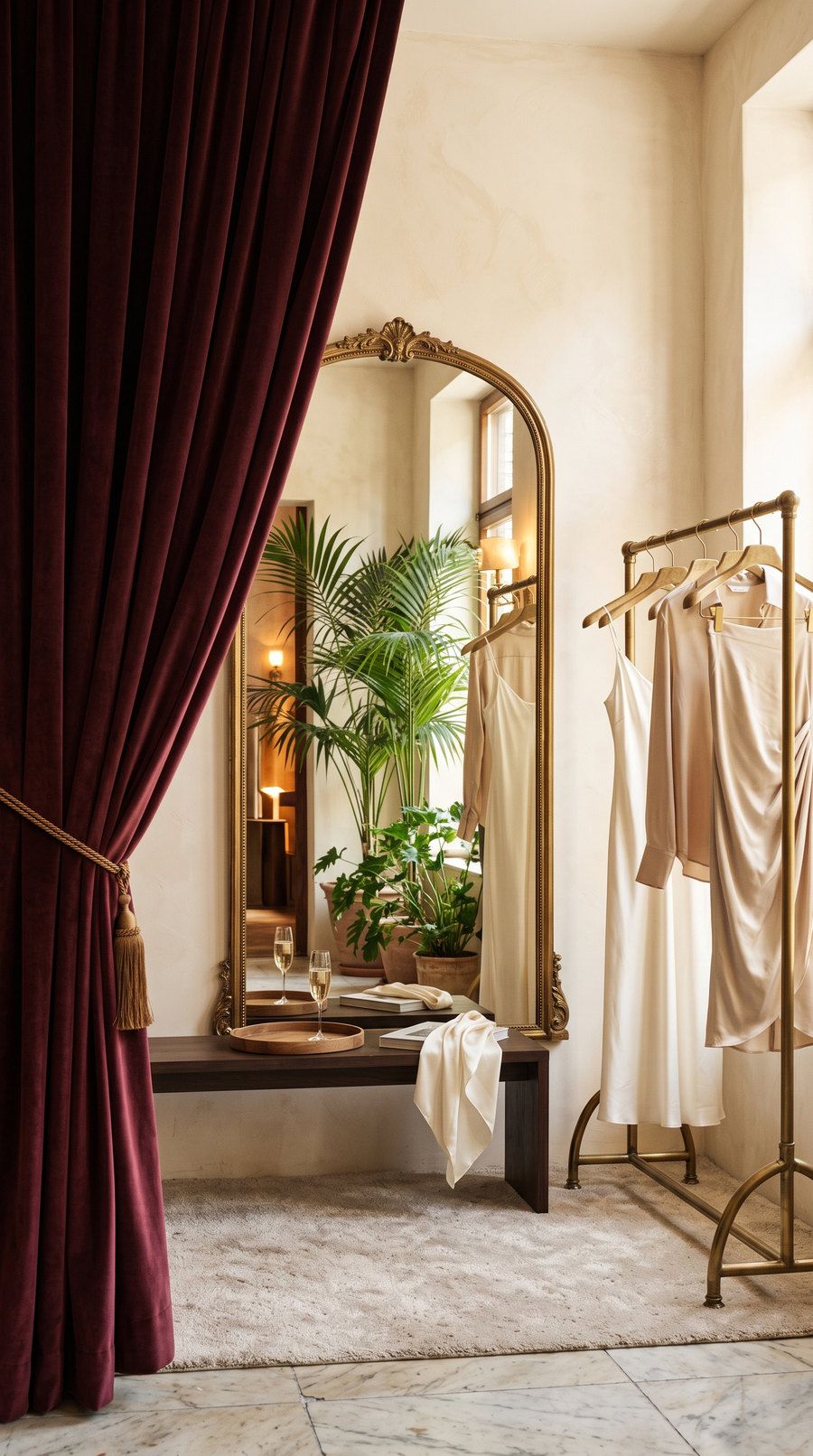 A sunlit boutique fitting room with a burgundy velvet curtain, ivory silk on a brass rail and an arched mirror.