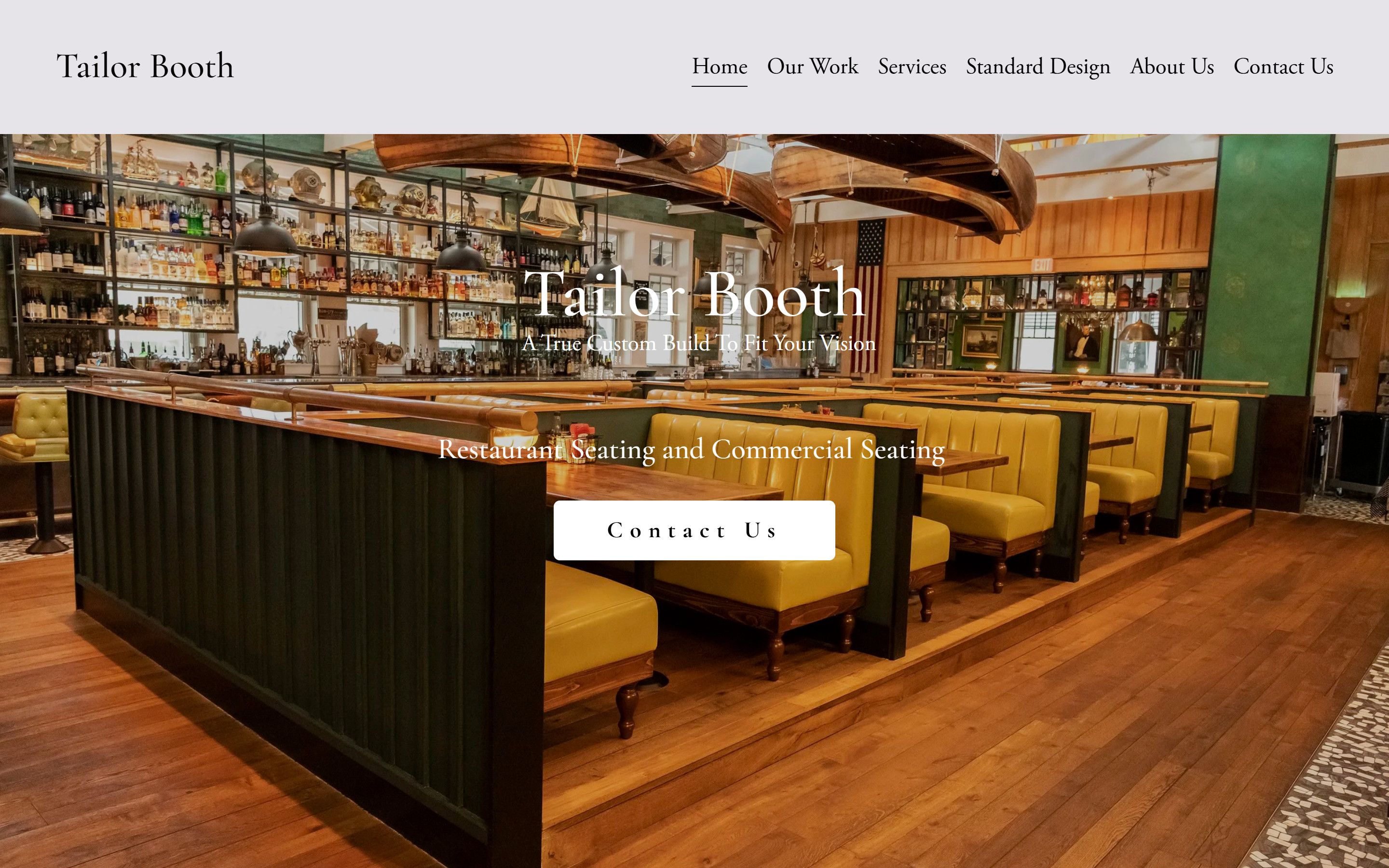 Tailor Booth's previous home page: a centered logo over a photo of mustard-yellow restaurant booths, with a Contact Us button.