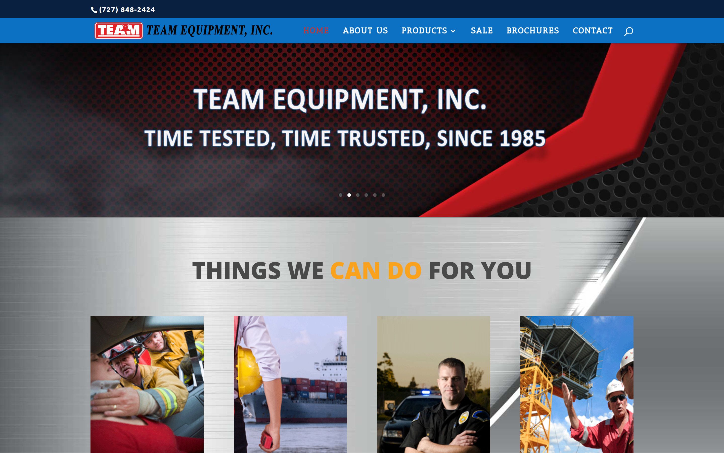 Team Equipment's previous home page: a blue navigation bar, a dark slideshow banner reading Time Tested, Time Trusted, Since 1985, and four service photos.