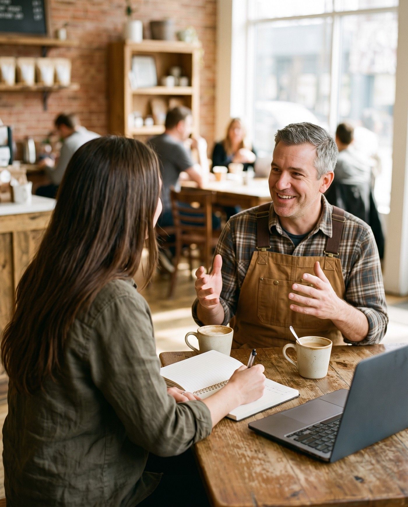 Across a cafe table, a small-business owner in a canvas apron talks with enthusiasm while a marketer takes notes, two coffees between them.