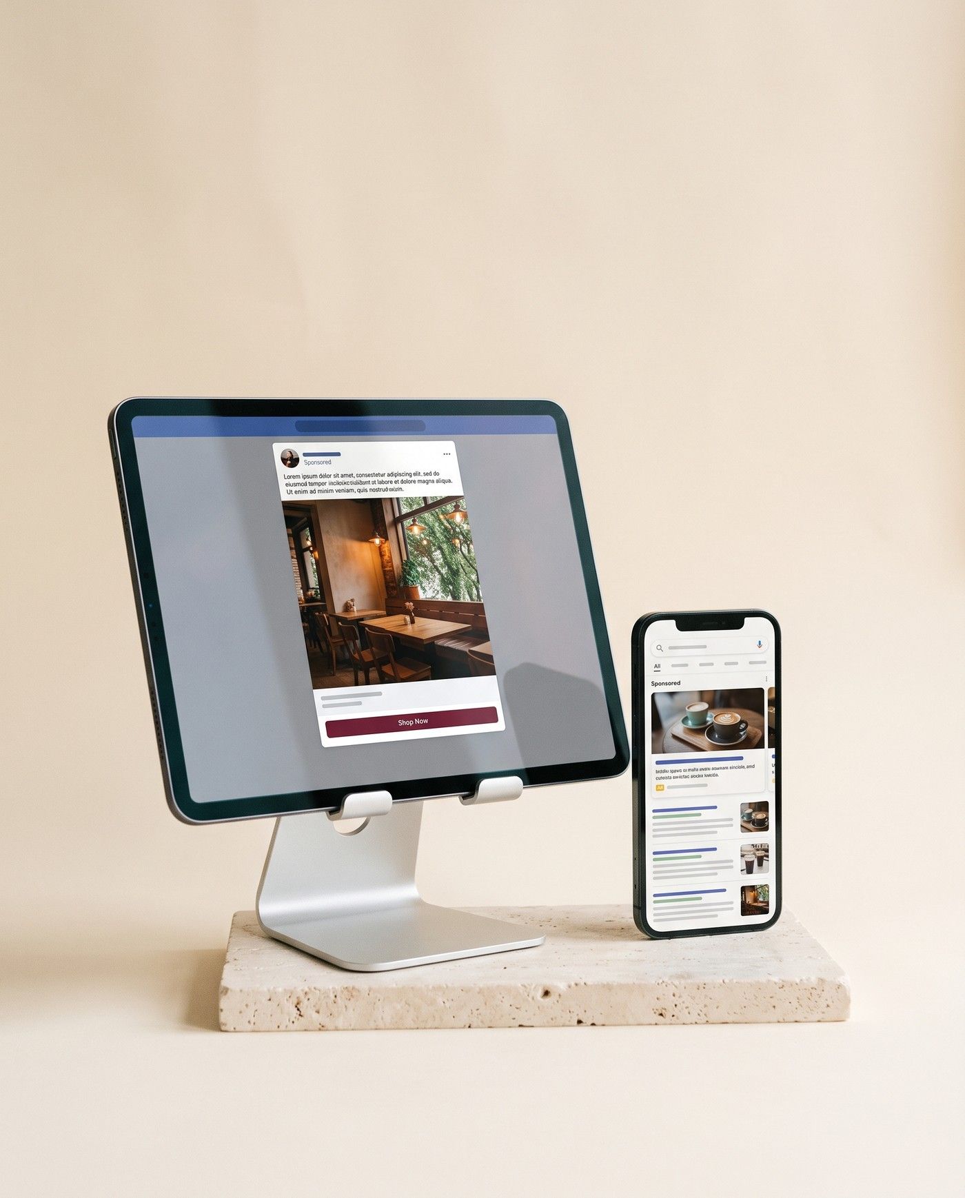 A tablet on a stand showing a sponsored social ad for a cafe, beside a phone showing a sponsored search result.