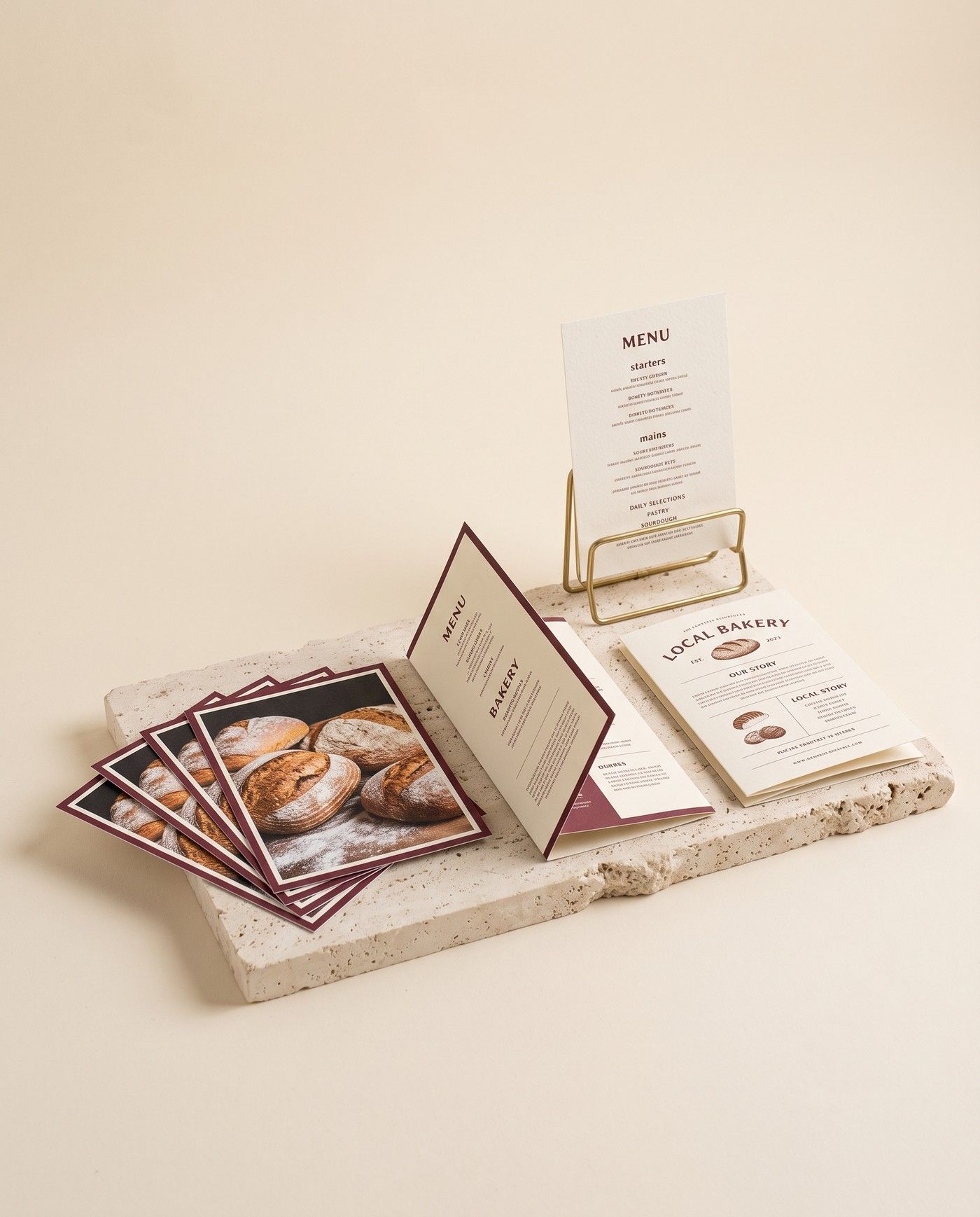 Printed pieces for a bakery on a travertine block: a fan of postcards with a photo of fresh bread, a brochure and a menu card.