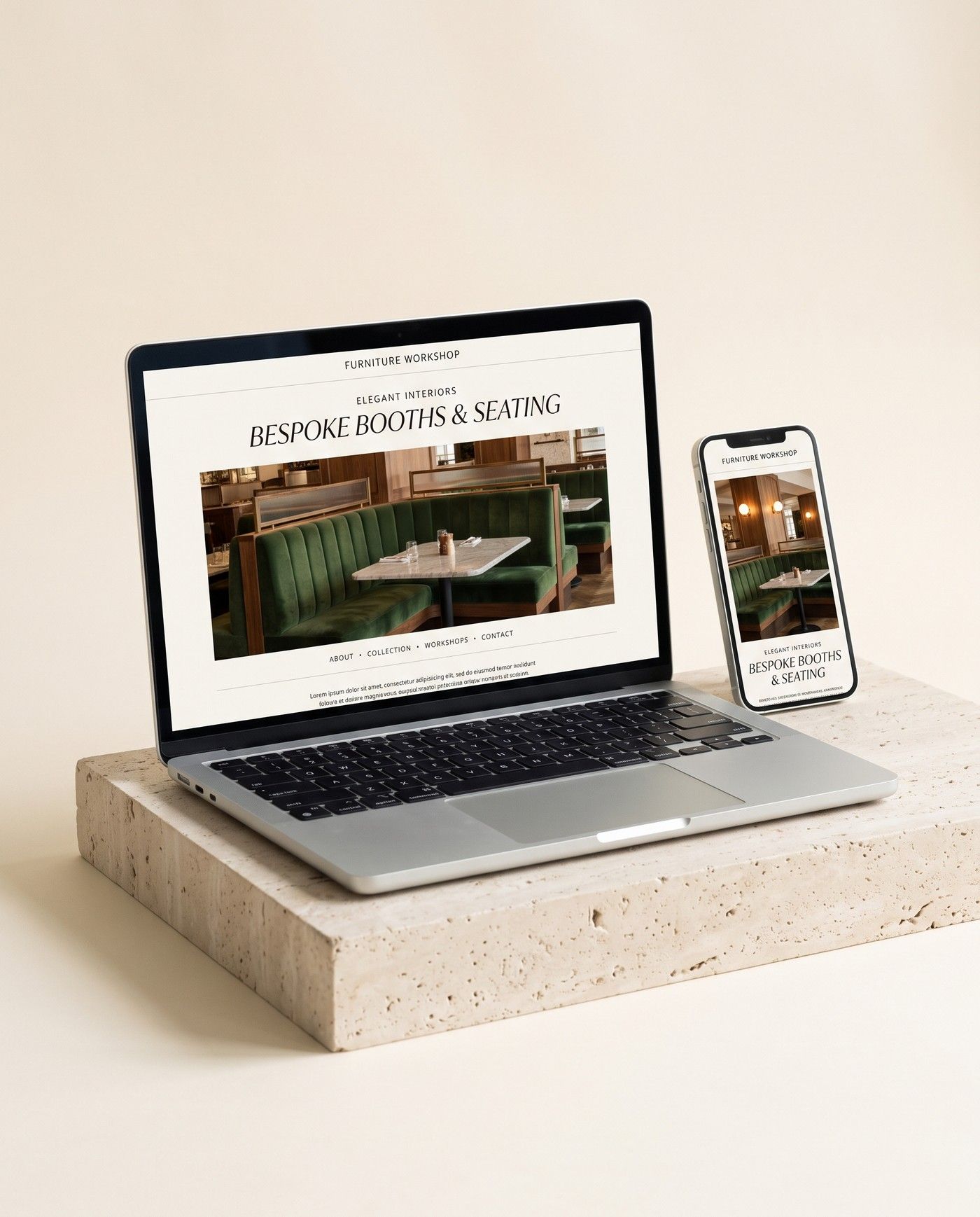 A laptop and a phone on a travertine block showing a furniture workshop’s new website, with a photo of an upholstered restaurant booth.