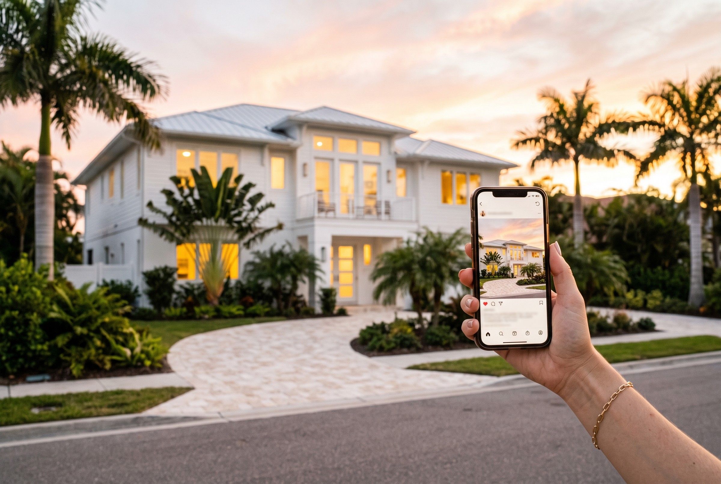 A hand holding up a phone in front of a white coastal home with palm trees at sunset, the phone showing a post of the same home.